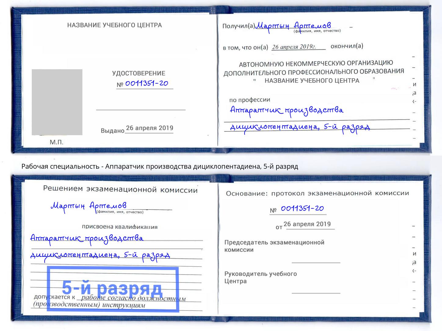 корочка 5-й разряд Аппаратчик производства дициклопентадиена Усолье-Сибирское