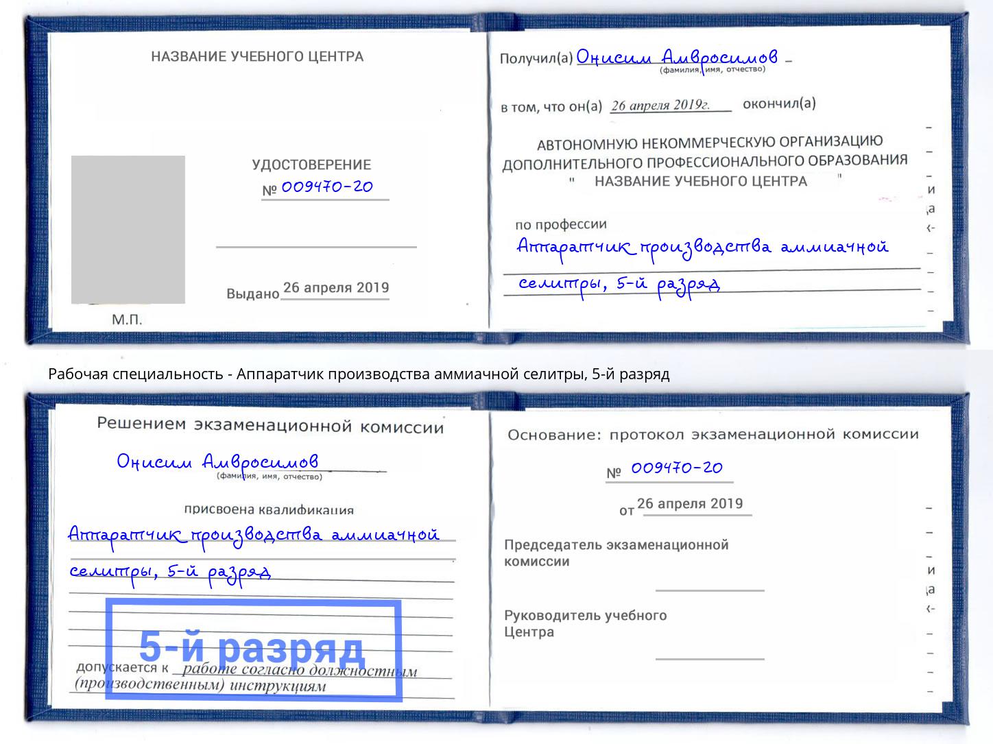 корочка 5-й разряд Аппаратчик производства аммиачной селитры Усолье-Сибирское