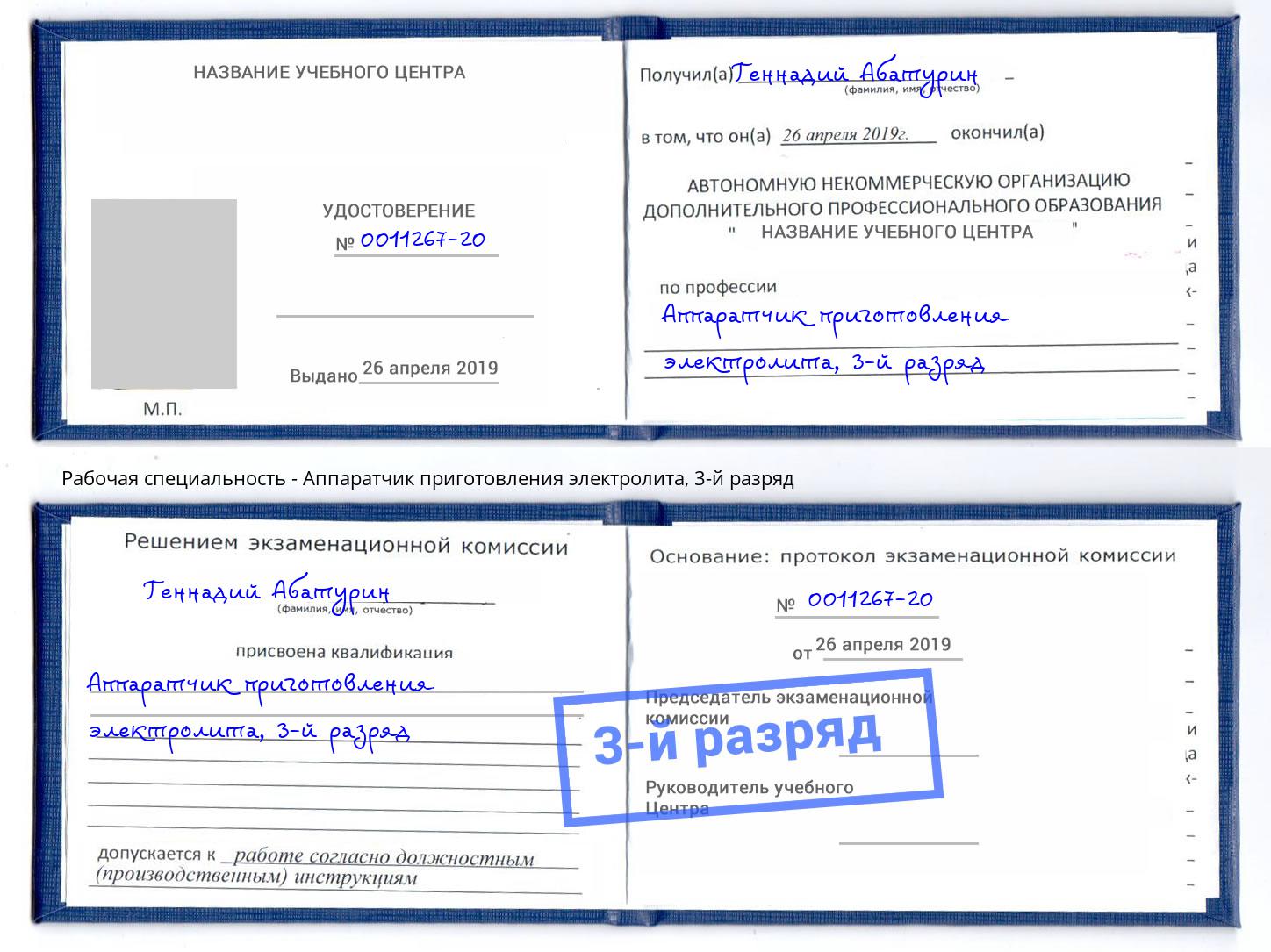 корочка 3-й разряд Аппаратчик приготовления электролита Усолье-Сибирское