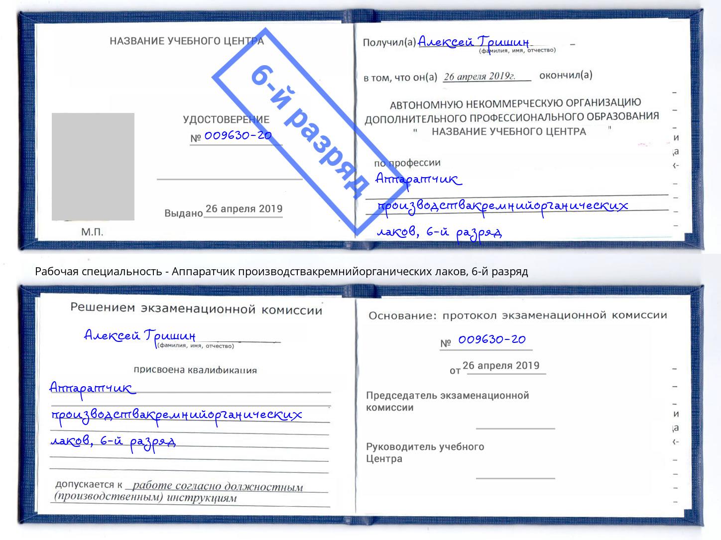 корочка 6-й разряд Аппаратчик производствакремнийорганических лаков Усолье-Сибирское