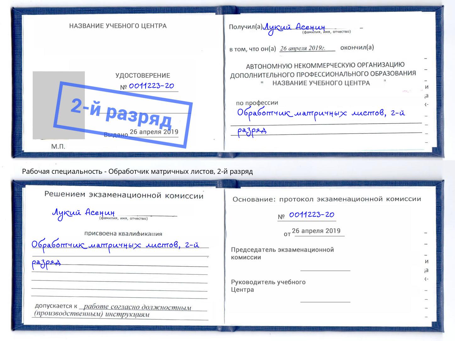 корочка 2-й разряд Обработчик матричных листов Усолье-Сибирское